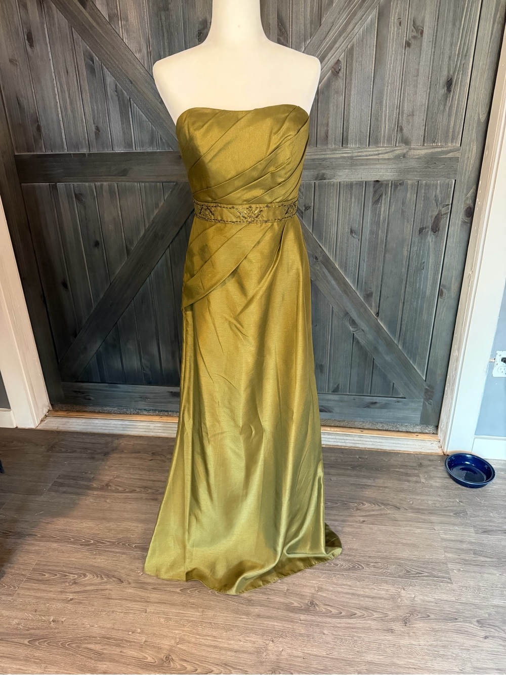 David's Bridal Strapless Olive-Gold Formal Gown